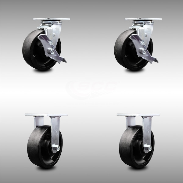 6 Inch SS Glass Filled Nylon Caster Set with Ball Bearings 2 Brakes 2 Rigid SCC